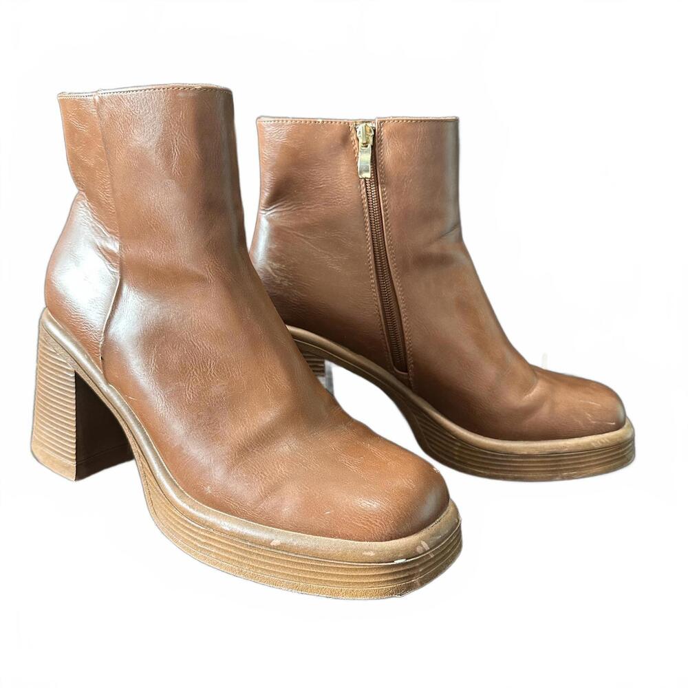 Tan Chunky Platform Square Toe Boots - image 1